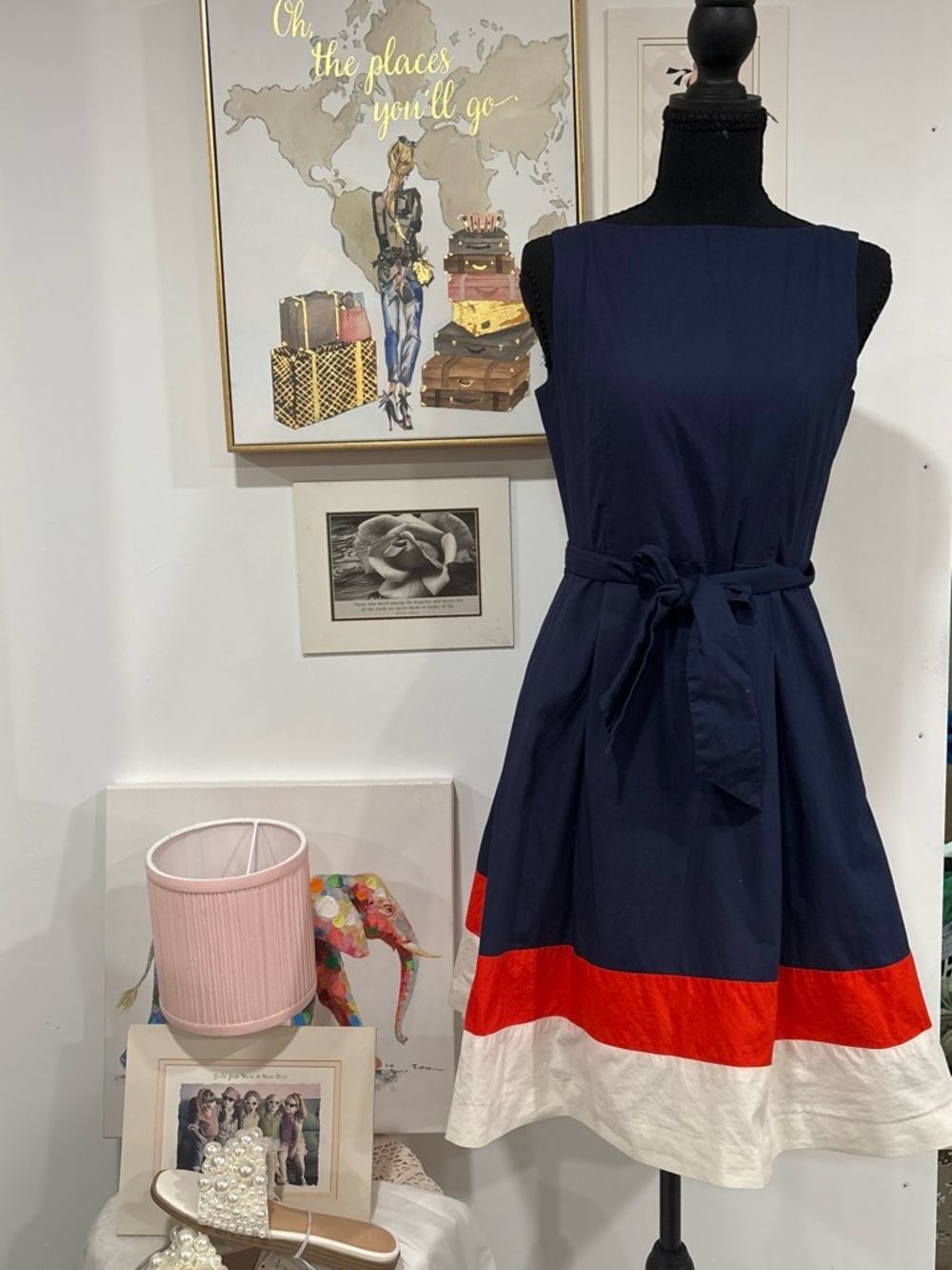 L.L. Bean Navy Sleeveless A-Line Dress with Red & White Hem